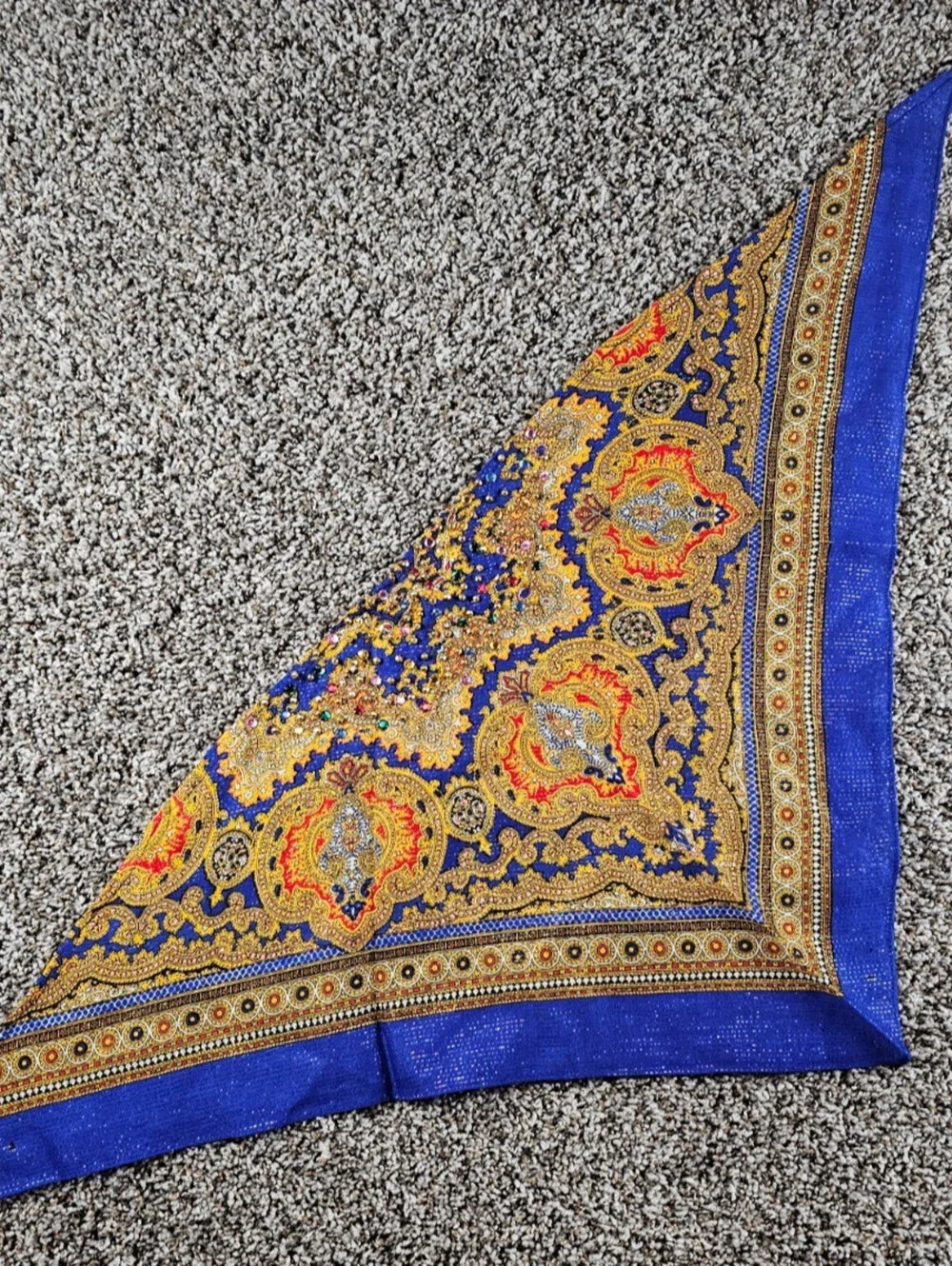 vintage-style blue floral headscarf Babushka Blue Gold Embellished Boho